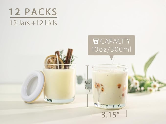 Aroparc Candle Jars for Candle Making 10oz U Base Tumbler Jars for DIY, Bulk Vessel - 12 Containers +12 Metal Lids - Clear