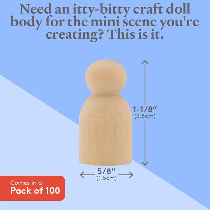 Wood Peg Dolls, 1-1/8 Inch Baby Shape Peg People, Pack of 100 Wooden Dolls, Strong Birch Wood People Figures, Peg Dolls Unfinished, Wooden Pegs for Crafts