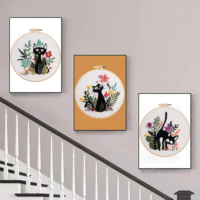 Konrisa 3pcs Embroidery Kits for Beginners Creative Black Cat and Flower Pattern Cross Stitch Practice Kit DIY Sewing Needlepoint, Include 1pcs Hoop