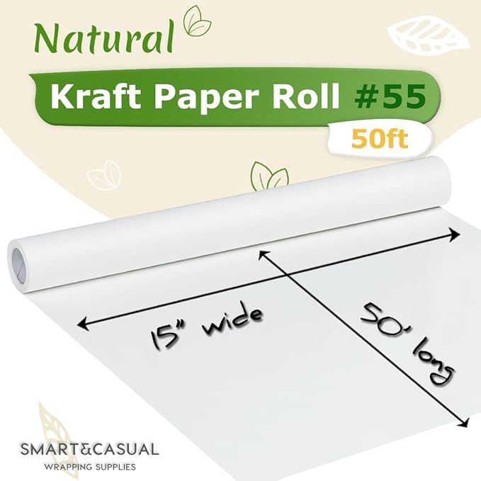 SMART&CASUAL 15" x 600" (50') Kraft Paper Roll for Art Craft Supplies Gift Wrapping Moving Packing Kids Painting Drawing Paint Easel Poster Chart Paper (White, 15" W x 600" L (50'))