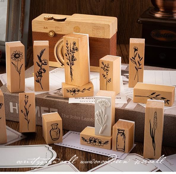 18 Pcs Stamps for Crafting, 2 Styles Plant Rubber Stamps for Crafting, Green and Black Ink Stamps, Wooden Flower