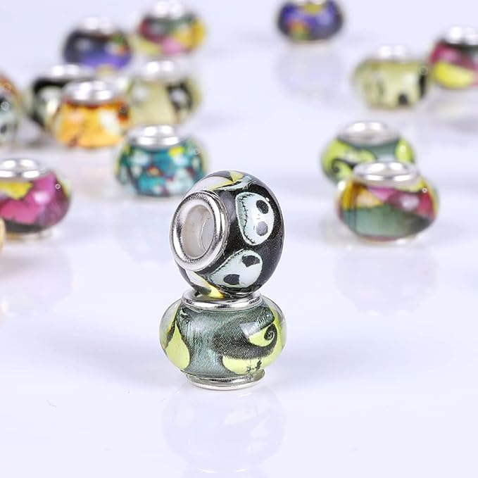 100 Pieces 14mm European Large Hole Spacer Beads Mix Color with Silver Brass Cores Assortments Charm Lampwork Beads Supplies for Necklace Bracelets Jewelry Making (Halloween Pattern)