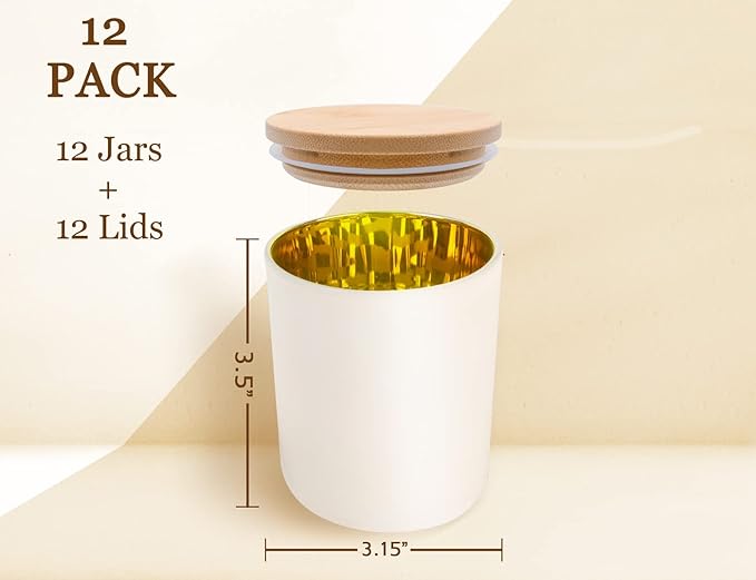 Aroparc Candle Jars with Lids 10oz, Elegant Gold Interior Candle Jars for Candle Making 12 Pieces with Bamboo Lids - White Matte