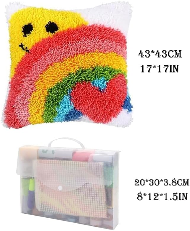 Latch Hook Pillow Kits for DIY Throw Pillow Cover, Cute Smilling Pattern Sofa Cushion Cover Latch Hook Craft Kits with Printed Canvas for Beginners Kids Adults - 17 x 17 Inch