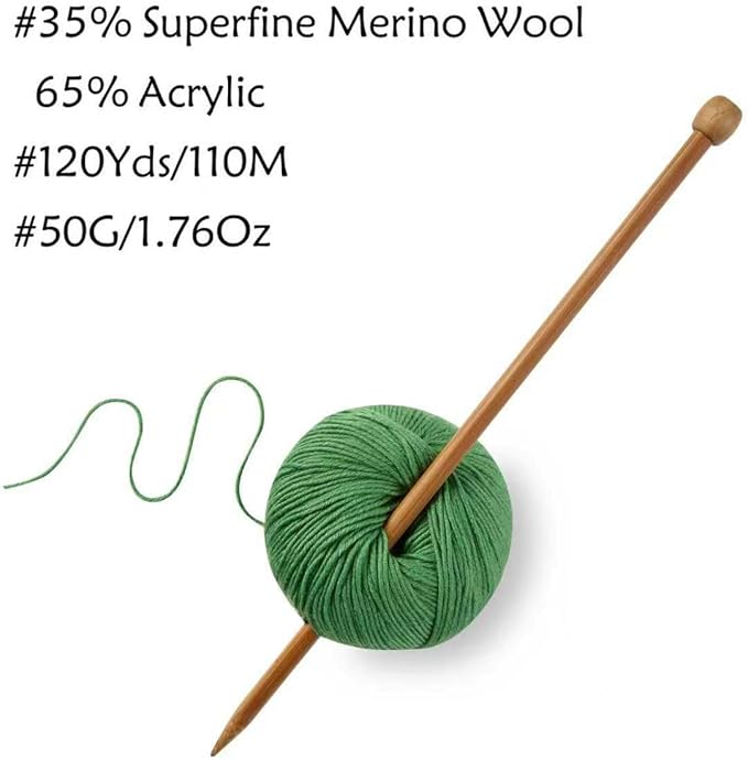 Merino Wool Yarn, 12-Ply Luxurious and Soft Yarn for Hand Knitting & Crocheting, 1.76 OZ/50g, 120 yds/110 Meters(Grass Green,2Balls)