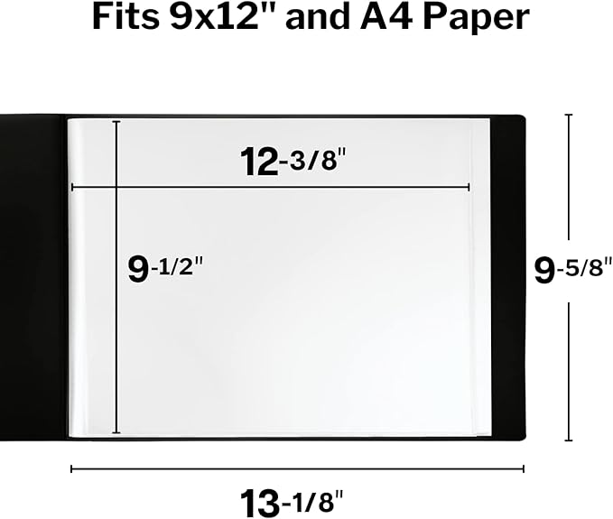 Dunwell Landscape 9x12 Presentation Book, (Black, Horizontal), 24-Pocket Binder with Plastic Sleeves, Displays 48 Pages 9 x 12 or A4 Certificates, Keepsakes, Kids Art, Acid-Free Poly Portfolio Binder