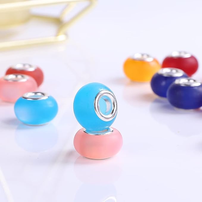 100 Pieces 14mm European Large Hole Spacer Beads Mix Color with Silver Brass Cores Assortments Charm Lampwork Beads Supplies for Necklace Bracelets Jewelry Making (Frosted cat Eye)