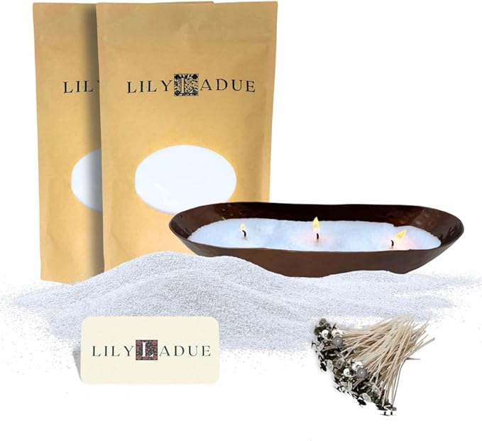 LILY LADUE 2lb/32OZ Pearled Candles Sand and Wicks with Bronze Bowl - White Unscented Plant-Based Pearl Sand Wax with 48 Wicks, Gift-Ready DIY Candle Making Kit with Reusable Powder Wax Beads