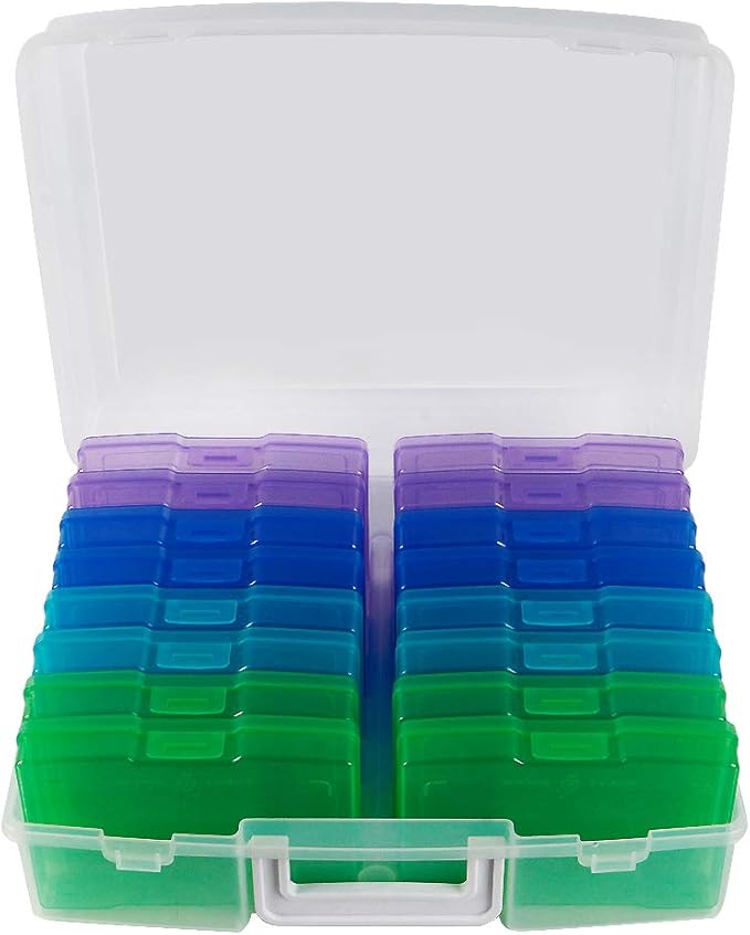 novelinks Transparent 4" x 6" Photo Organizers and Photo Storage Box with Handle, 16 Inner Photo Cases, Portable Picture Organizers & Photo Storage Containers (Cool-Colored)
