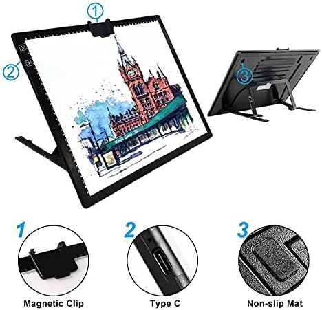 A3 LED Light Pad with Carry Bag, TOHETO Wireless Rechargeable Light Board with Stand and Top Magnetic Clip 3 Colors Stepless Dimmable 6 Levels Brightness Light Box for Diamond Painting Weeding Vinyl