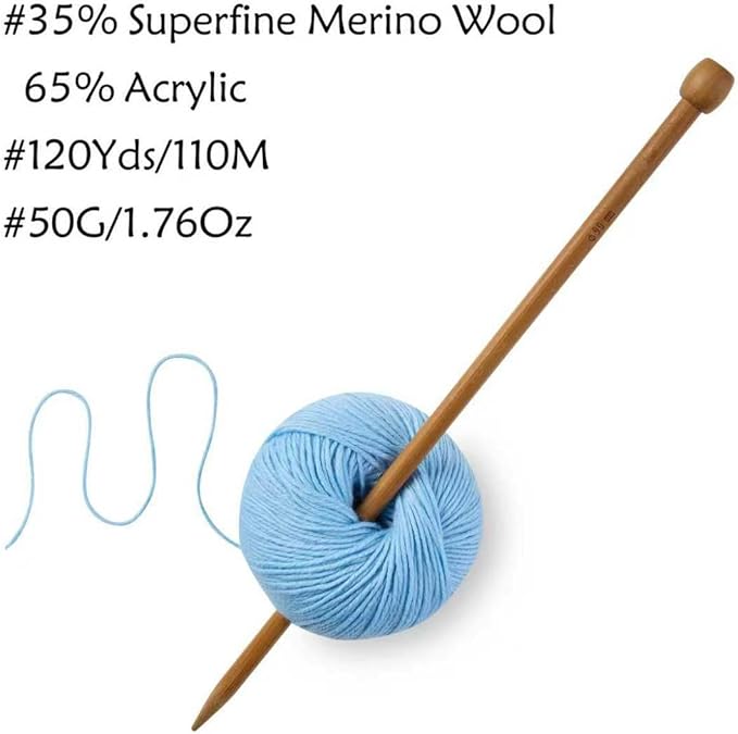 Merino Wool Yarn, 12-Ply Luxurious and Soft Yarn for Hand Knitting & Crocheting, 1.76 OZ/50g, 120 yds/110 Meters(Light Blue,6Balls)