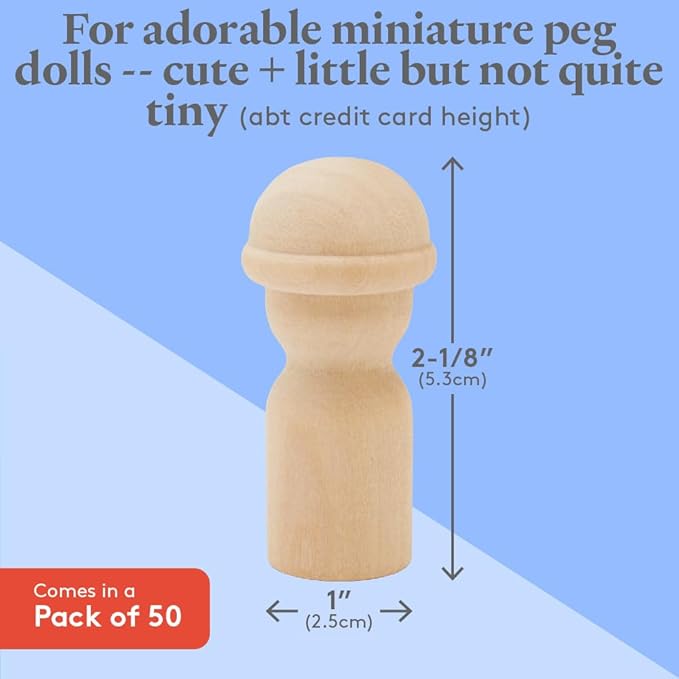 Wood Peg Dolls Unfinished 2-1/8 inch, Pack of 50 Birch Wooden Dolls with Hats for Peg People Crafts & Small World Play, by Woodpeckers