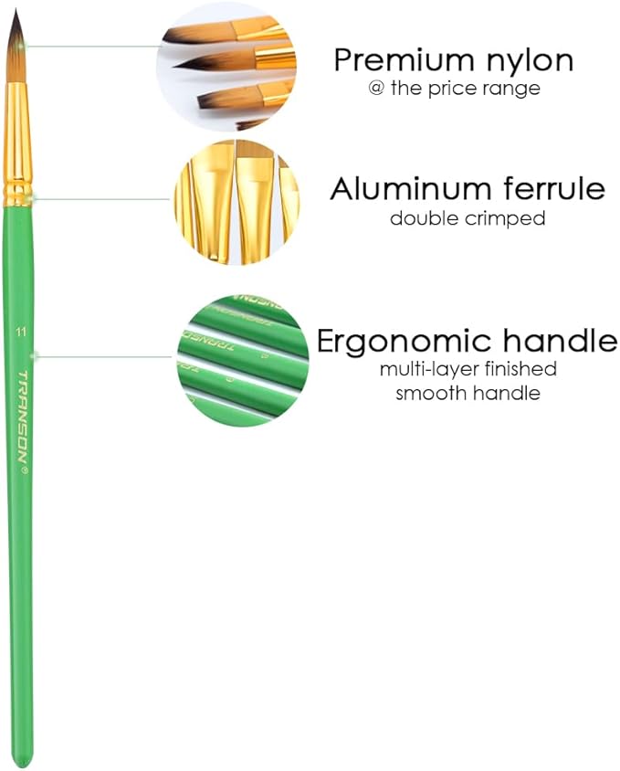 Transon Art Painting Brush Assorted Set of 12 for Acrylic Watercolor Gouache Hobby Painting Green