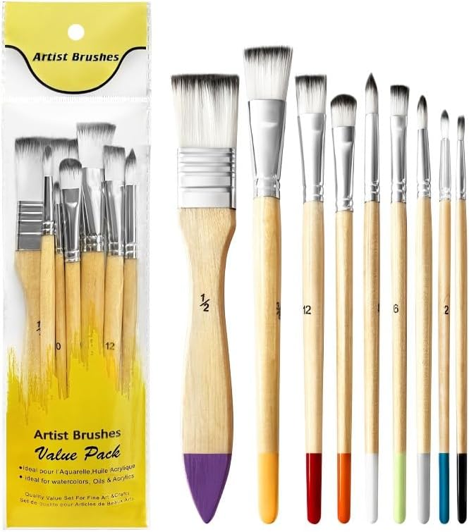 Paint Brushes Set, 1 Pack 9 Pcs Round-Pointed Tip Nylon Hair Artist Acrylic Paint Brushes for Acrylic Painting Oil Watercolor, Face Nail Art, Canvas, Miniature Detailing & Rock Painting
