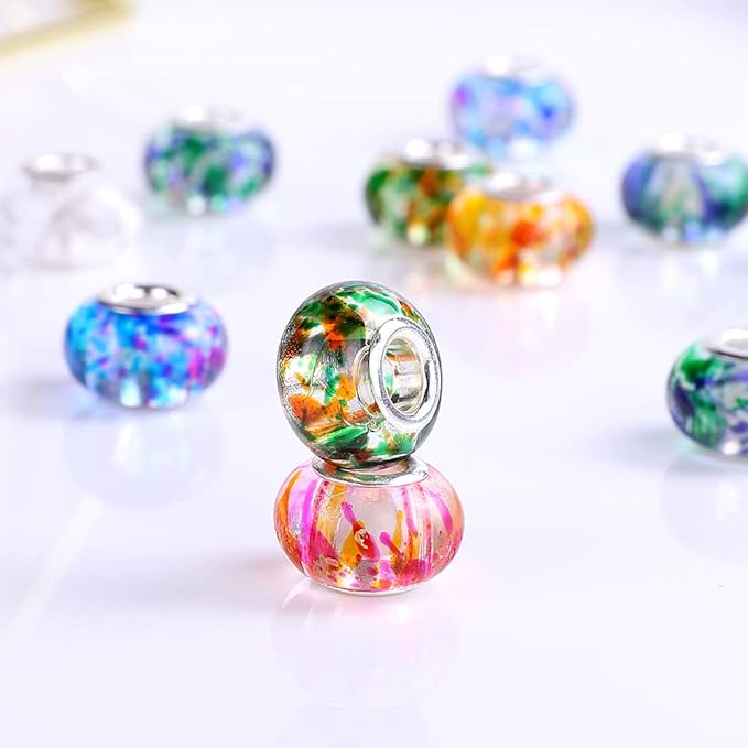 100 Pieces 14mm European Large Hole Spacer Beads Mix Color with Silver Brass Cores Assortments Charm Lampwork Beads Supplies for Necklace Bracelets Jewelry Making (Transparent Spray)