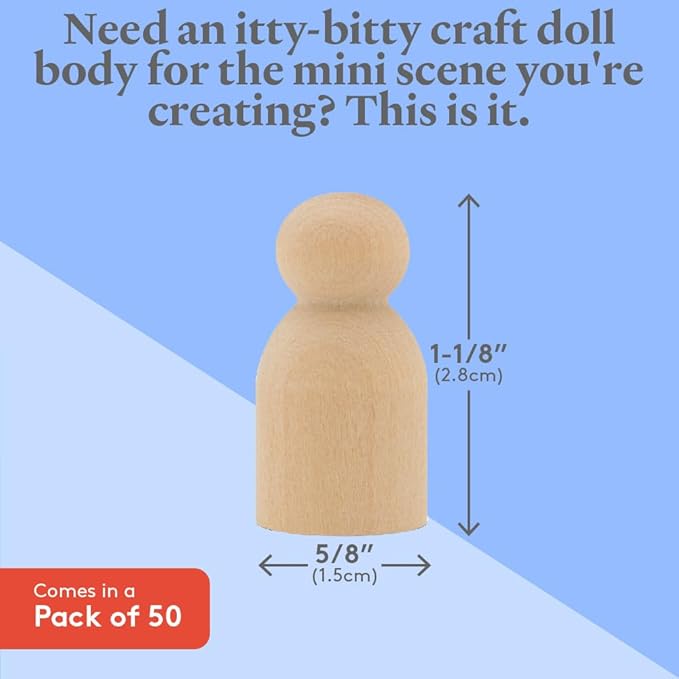 Wood Peg Dolls, 1-1/8 Inch Baby Shape Peg People, Pack of 50 Wooden Dolls, Strong Birch Wood People Figures, Peg Dolls Unfinished, Wooden Pegs for Crafts