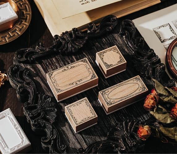 7pcs Wood Rubber Stamp Set, Frame Pattern Decorative Stamp Set for Art Craft, Journal, Diary, Scrapbook, Planner, Letter, Card Making M-19 (Set-2)