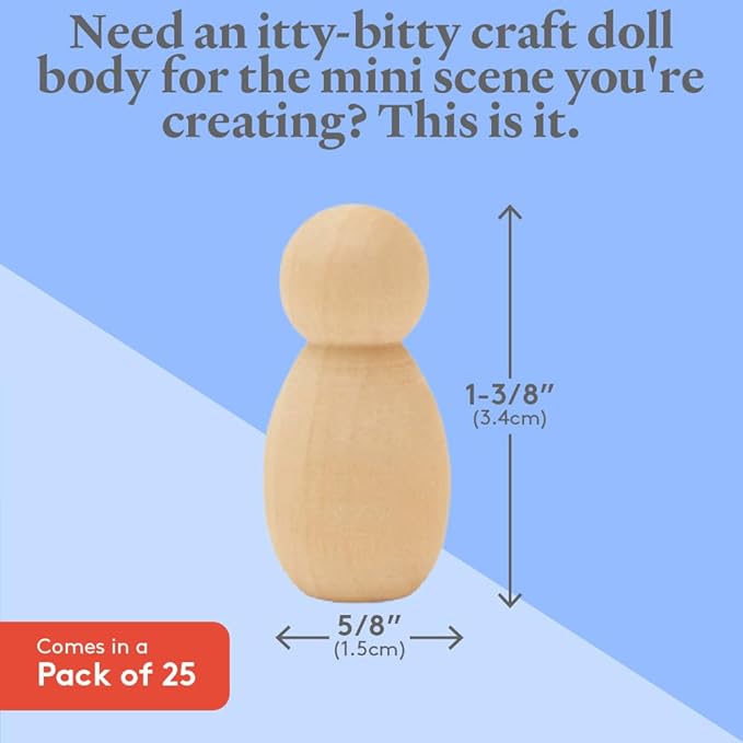 Tiny Peg Doll 1-3/8 inch Pack of 25 Peg People for Crafting and Nativity Set, Loose Parts Play Unfinished Wooden Peg Baby, by Woodpeckers