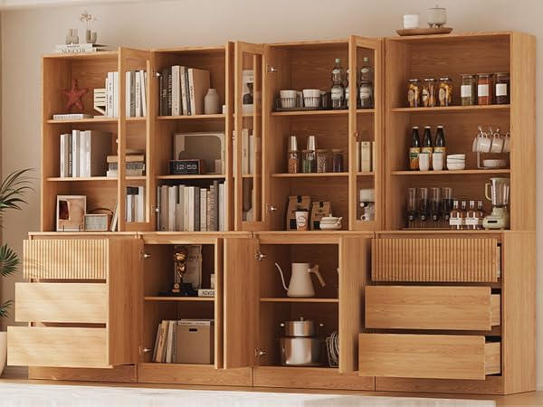 TUSY 71'' Freestanding Tall Storage Cabinet, 5 Tier Wood Bookcase with 3 Drawers and 2 Tempered Glass Doors (AB)