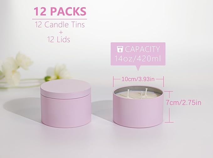 Candle Tins with Lids, 3 Wicks Candle Jars 14oz/420ml Candle Containers 12 Pack Seamless Bulk Candle Containers for Candle Making Supplies Wholesale Empty Candle Jars - Pink