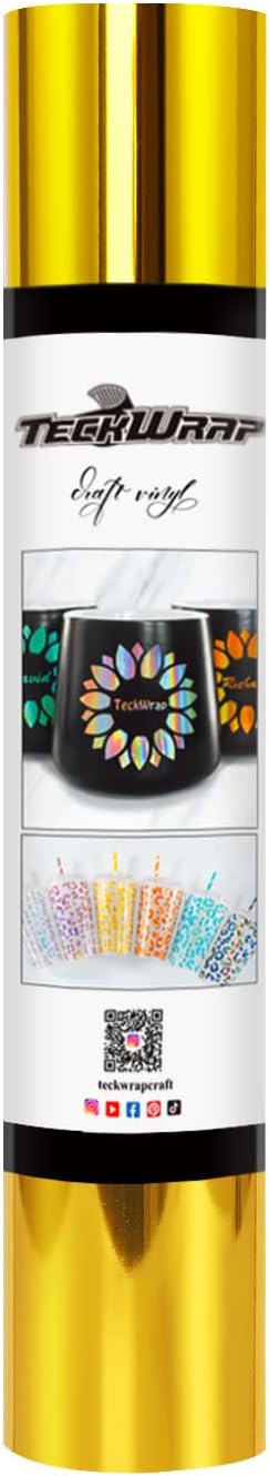 TECKWRAP Chrome Gold Adhesive Vinyl Roll 1ft x 5ft – Permanent Gold Vinyl for Crafts, Signs, Stickers, and Home Décor DIY Projects & Decals