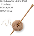 Merino Wool Yarn, 12-Ply Luxurious and Soft Yarn for Hand Knitting & Crocheting, 1.76 OZ/50g, 120 yds/110 Meters(Camle,6Balls)