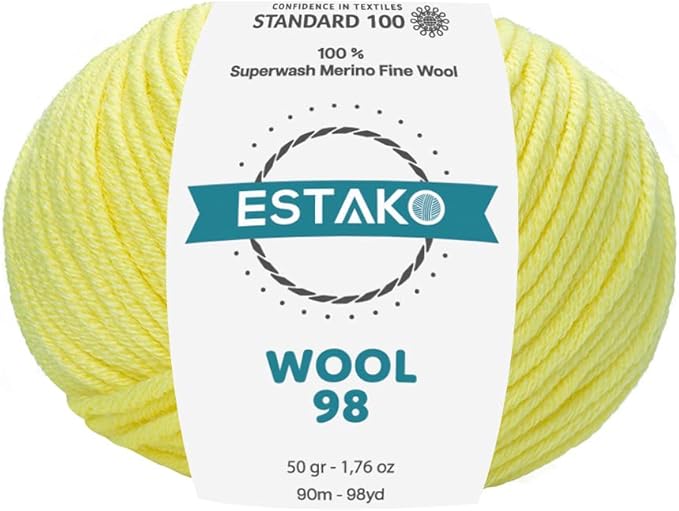 Estako Wool 98 100% Superwash Merino Wool Medium Worsted Weight Soft Knitting and Crochet Yarn 1.76 oz (50gr) 98 yds (90 m) (6365-Light Yellow)