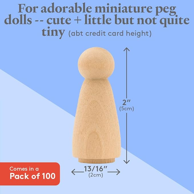 Wood Peg Dolls Unfinished 2 inch, Mom/Angel Shape, Pack of 100 Birch Wooden Peg People for Crafting, Miniature Figures, and Small World Play