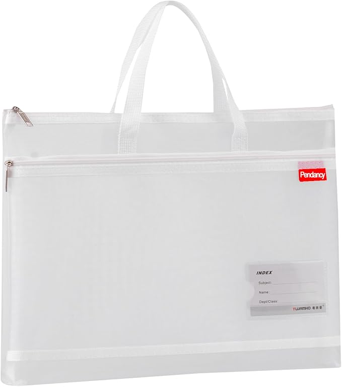 Pendancy Mesh Zipper Pouch A4 Size, Large Double Pocket Lightweight Nylon Transparent File Bag with Handle, 11x13.8 in Foldable Document Storage for Puzzle Project/Cross Stitch/Travel/Office (White)