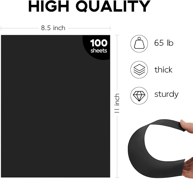 100 Sheets Black Cardstock 8.5 x 11, Goefun 65lb Halloween Card Stock Printer Paper for Scrapbooking, Crafts, Invitations, DIY Cards