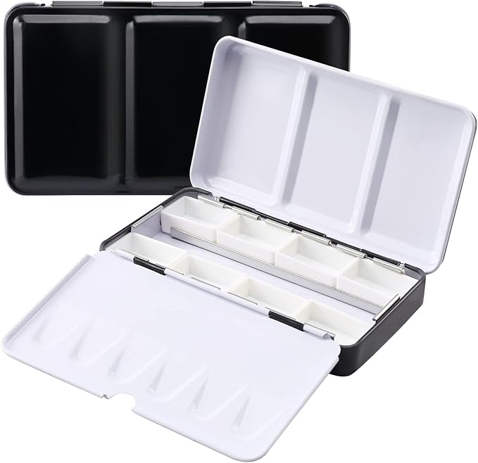 LOONENG Metal Watercolor Tin with Fold-Out Palette, Small Tray Palette with 8 Empty Full Pans for Plein Air, Acrylic and Oil Painting