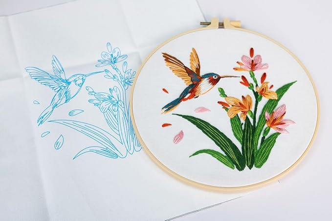 Konrisa 3 Pcs Hummingbird Flowers Embroidery Kits for Beginner, Cross Stitch Kit, DIY Sewing Practice Needlepoint Kits for Adults,Set of 3