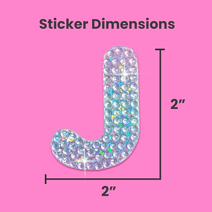 StickerBeans® Rhinestone Alphabet Letter Sticker J - Unique Sparkly Design 2” x 2” Cut-to-Shape Adhesive - Personalization, Collecting, Gifting, Scrapbooking, Decorating Laptops, Phone Cases, All Ages