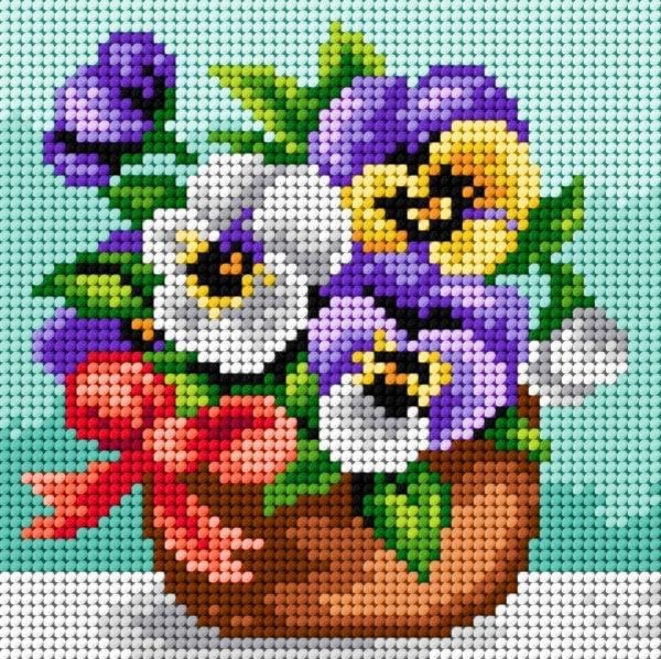 Wizardi Needlepoint Canvas for halfstitch Without Yarn Basket of Pansies with a Ribbon 2453D Orchidea