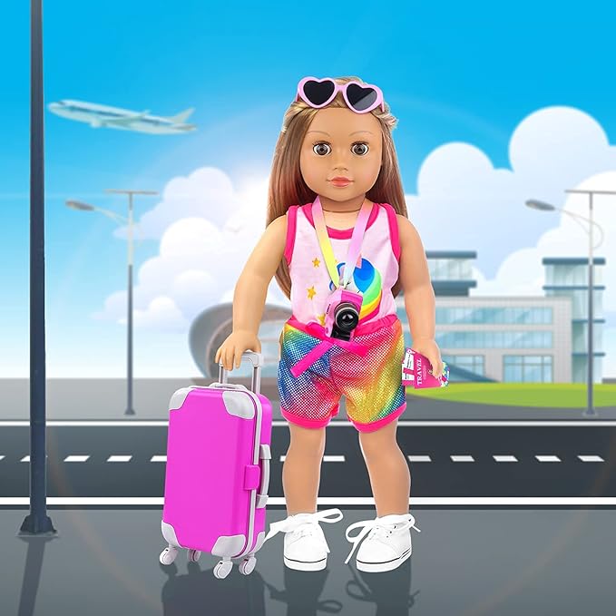 UNICORN ELEMENT 23 Pcs 18 Inch Girl Doll Accessories Suitcase Travel Set Including Clothes Suitcase Backpack Camera Tablet Cell Phone Neck Pillow Sunglasses and Other Travel Set