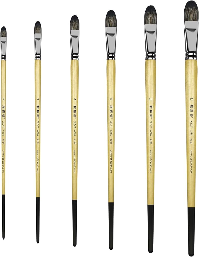 XDT#6386 Filbert Artist Paint Brush 6 Piece Set Medium Stiff Black Hog Bristle Extra Long Handle #2#4#6#8#10#12, Acrylic Oil Watercolor