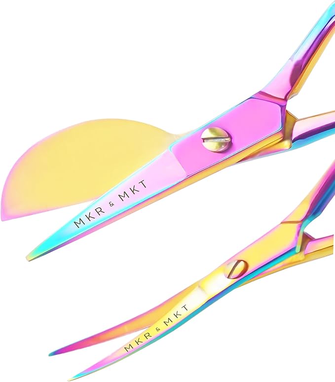 Small Embroidery 4.5 Inch Scissors Set of 2 Kit - Mini Double Bend Offset Duckbill and Double Bend Long Applique Needlepoint Blade with Pouch Sleeve (Rainbow)