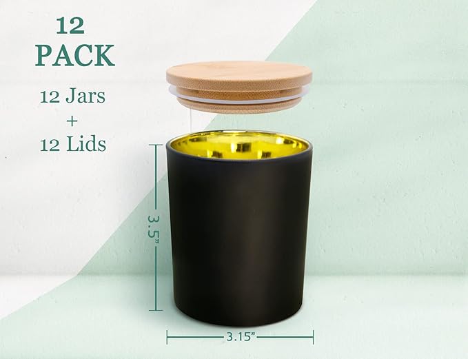 Aroparc Candle Jars with Lids 10oz, Elegant Gold Interior Candle Jars for Candle Making 12 Pieces with Bamboo Lids - Black Matte