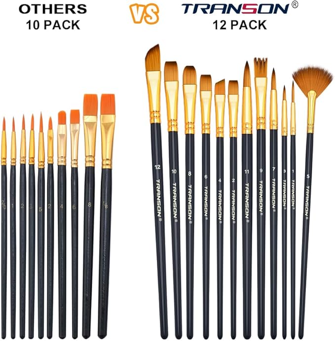 Transon Art Painting Brush Assorted Set of 12 for Acrylic Watercolor Gouache Hobby Painting