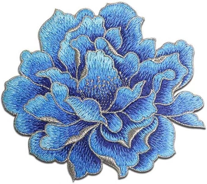 Sew on Peony Floral Patches, Embroidered Flower Appliques for DIY Clothing, Jackets, Jeans, Backpacks, Hats, Arts Craft Sew Making (Blue Peony)