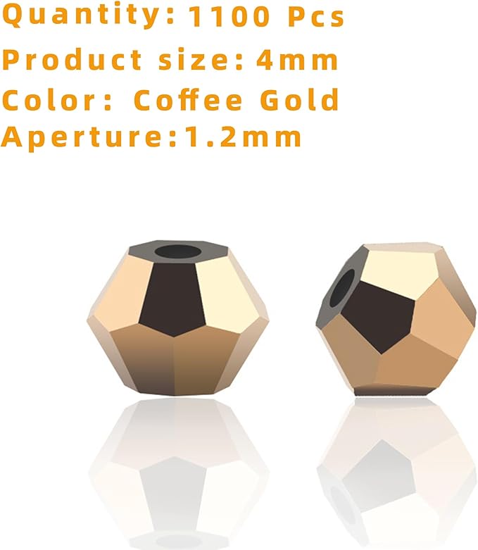 1100PCS 4mm Bicone Crystal Glass Beads for Jewelry Making, Sparkling Mini Beads for Suncatchers, DIY Bracelets & Craft Projects (Coffee Gold)