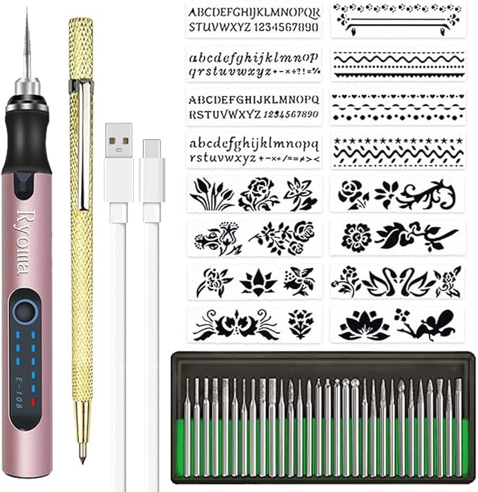 Rechargeable cordless Electric Micro Engraver Pen Mini DIY Engraving Tool Kit for Metal Glass Ceramic Plastic Wood Jewelry with 30 Bits and 16 Stencils and 1 Scriber Pen (Rose gold)