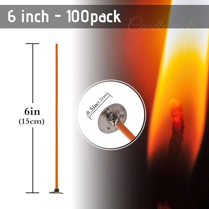 6 Inch Candle Wick,100 Piece Cotton Candle Wicks, Orange Low Smoke Pre-Waxed Candle Wicks with Tabs for Candle Making DIY