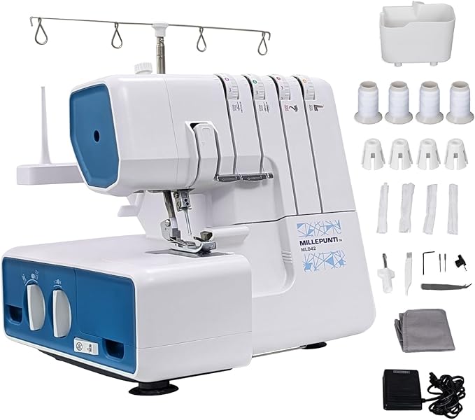 MILLEPUNTI MLD42 Metal Frame Serger Overlock 1300 Stitches/Minute, 2-3-4 Stitch Capability, 12 Built-In Stitches, Serger Sewing Machine with Accessory Kit & Adjustable Differential Feed