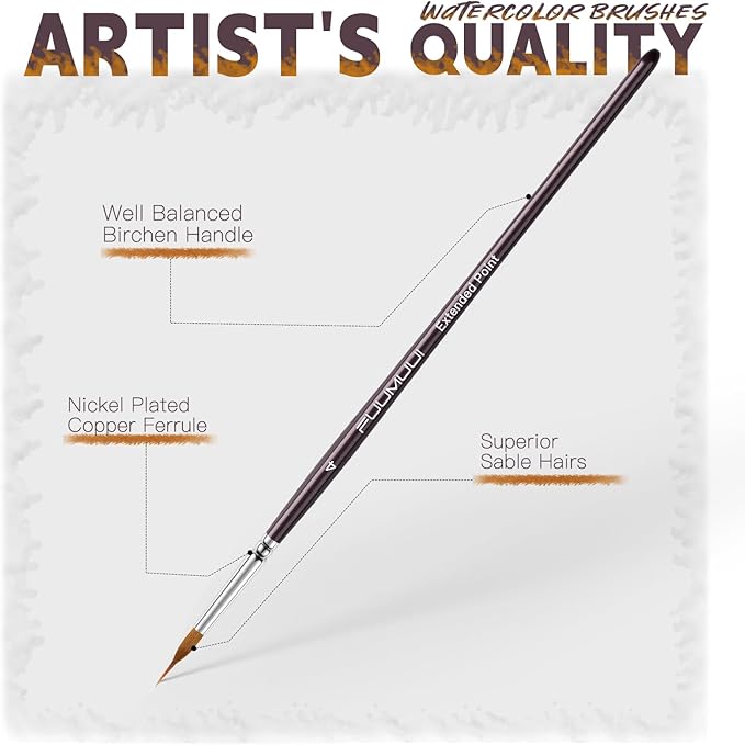 Fuumuui Sable Watercolor Brushes, Professional 10Pcs Sable Paint Brush Set Variety Shapes with Flats, Extended Needle Point, Dagger, Cat's Tongue, Rounds Perfect for Watercolor Acrylic Gouache Inks