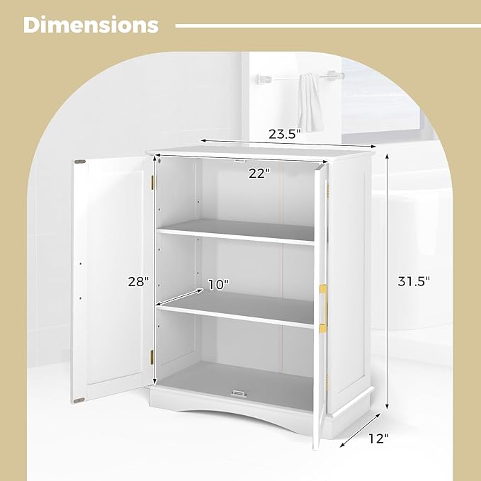 Tangkula Bathroom Floor Storage Cabinet, 31.5" H Freestanding Pantry Cabinet with 2 Doors and Adjustable Shelves, Kitchen Cupboard for Living Room, Dining Room, Bathroom (White, 31.5" H)