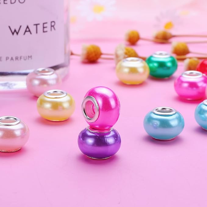 100 Pieces 14mm European Large Hole Spacer Beads Mix Color with Silver Brass Cores Assortments Charm Lampwork Beads Supplies for Necklace Bracelets Jewelry Making (Imitation Pearls)