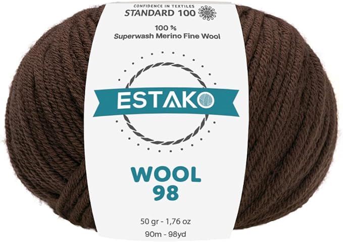 Estako Wool 98 100% Superwash Merino Wool Medium Worsted Weight Soft Knitting and Crochet Yarn 1.76 oz (50gr) 98 yds (90 m) (6362-Brown)