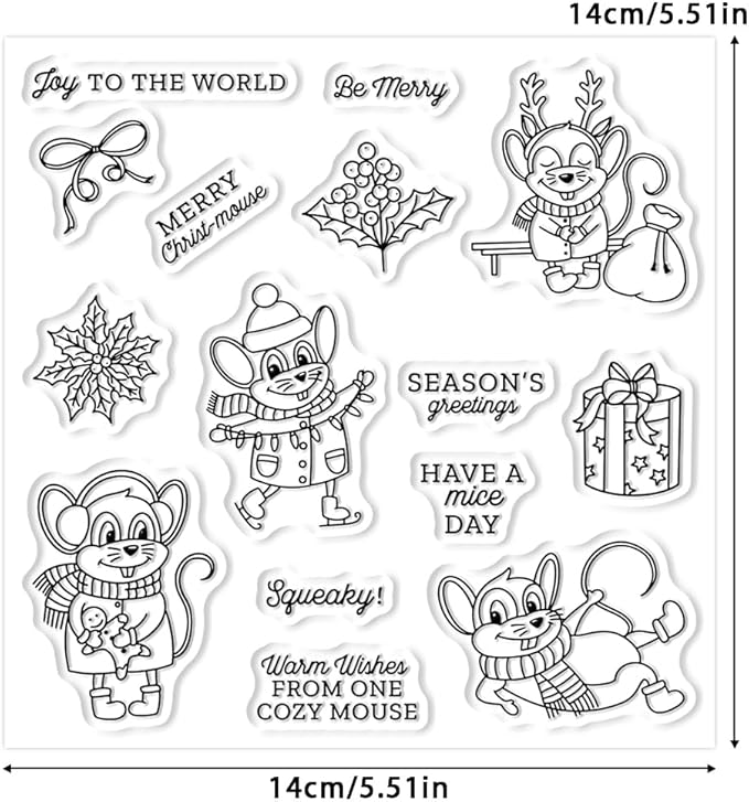 Christmas Clear Stamp Set Reusable Clear Silicone Stamps with Pumpkins, Skulls, Bats, Santa Claus and Holiday Designs for Cards, Scrapbooking, journaling and DIY templates (Christmas Mouse)