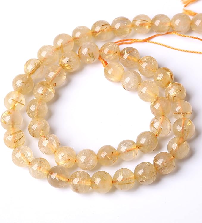 10MM 36PCS Natural Stone Golden Rutile Quartz Beads Gemstone 2A Grade Actinolite Semi Precious Crystal Loose Beads for Jewelry Making DIY Bracelet Necklace 1 Strand